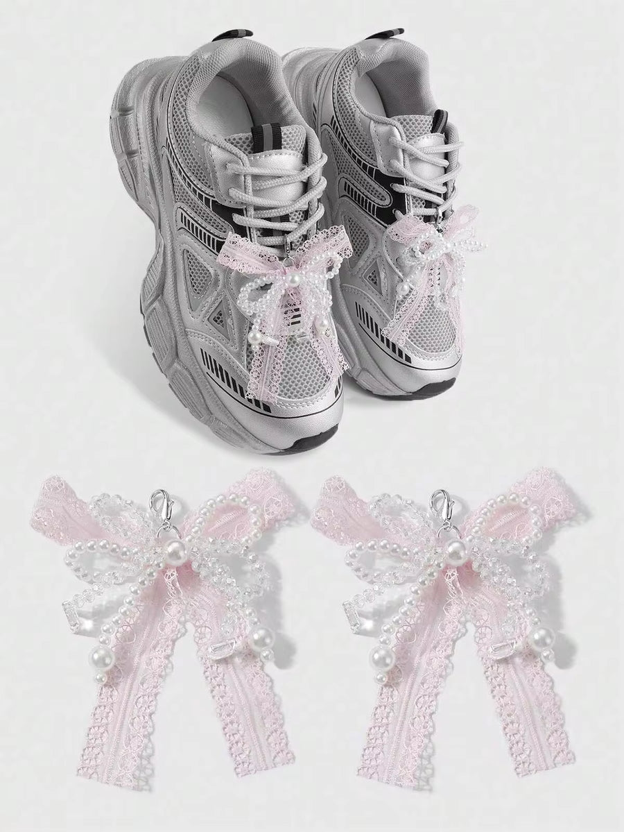 ROMWE Kawaii 2pcs Ins Style Cute & Delicate Handmade Beaded White Faux Pearl, Faux Crystal, Pink Mesh Bow Lobster Clasp DIY Shoe & Boot Decorations Combo Set, Suitable For Women & Girls, Daily Wear Or Gift