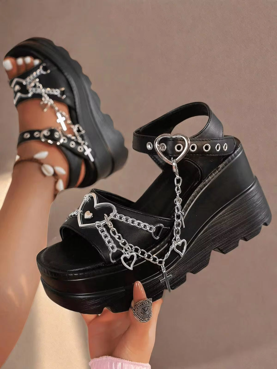 Black Summer Slope Heel Shoes Thick Bottom Women's Punk Fashion Sandals For Women Casual Slippers Comfortable Gothic Cross Chain Platform Sandals
