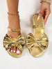 Breezelady Women's Gold Metallic Big Bow Slide Sandals, Dual Thin Straps Open-Toe Slip-On Flat Sandals For Party Club Summer Daily Outfits